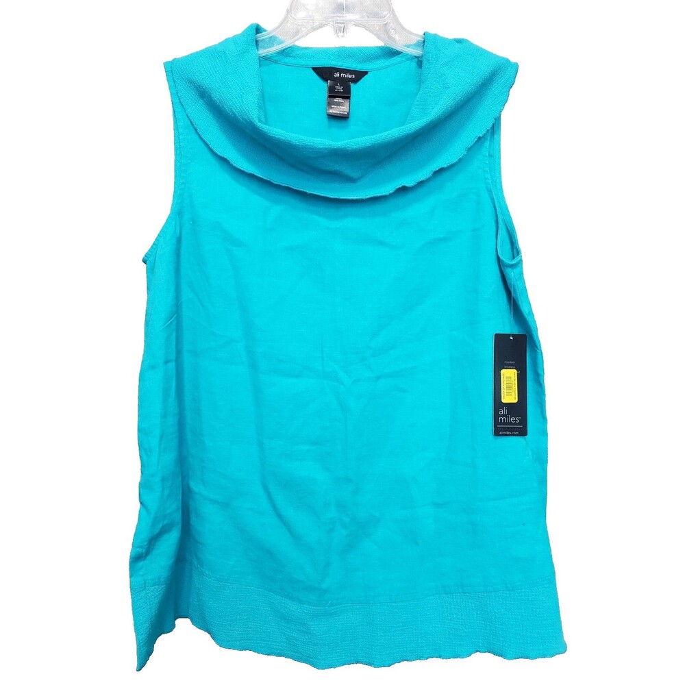 Ali Miles Blue Linen/Cotton Blend Sleeveless Cowl Neck Tunic Size Large NWT